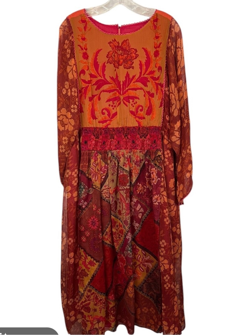 NWT Boho Smocked Crinkle Chiffon Midi Dress in Burnt Orange and Red